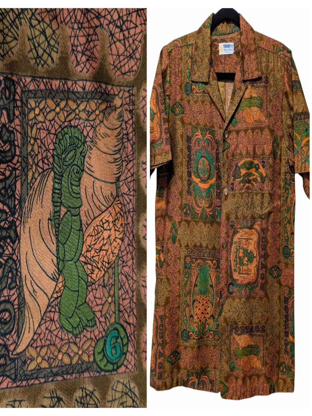 Vintage Andrade Resort Shop Mens Size M? Brown Tiki Aloha Postage Button Shirt
